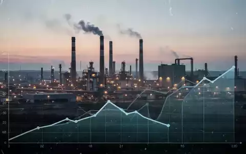 Eine Industriestadt bei Sonnenuntergang mit einem Diagramm, das einen Rückgang des Energieverbrauchs und des Wirtschaftswachstums zeigt. - Foto: über boerse-global.de