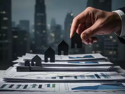 Eine Hand platziert kleine, dunkle Häuserblöcke auf Finanzdiagrammen, mit einer verschwommenen Stadtlandschaft im Hintergrund. - Foto: über boerse-global.de