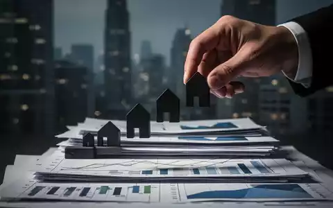 Eine Hand platziert kleine, dunkle Häuserblöcke auf Finanzdiagrammen, mit einer verschwommenen Stadtlandschaft im Hintergrund. - Foto: über boerse-global.de