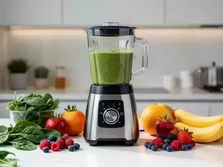 Ein moderner Mixer mit einem grünen Smoothie, umgeben von frischem Obst und Gemüse auf einer Küchenarbeitsplatte. - Foto: über boerse-global.de