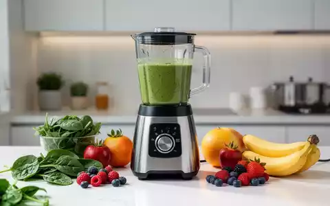 Ein moderner Mixer mit einem grünen Smoothie, umgeben von frischem Obst und Gemüse auf einer Küchenarbeitsplatte. - Foto: über boerse-global.de