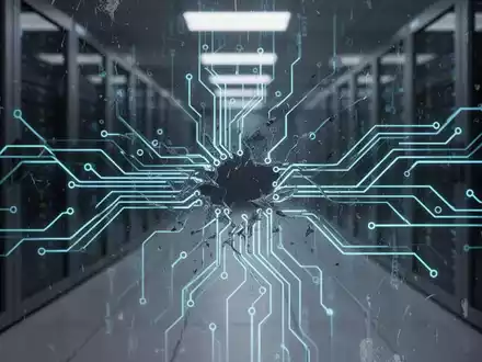 Ein stilisiertes, digitales Schaltbrett mit leuchtend blauen Linien, die Datenfluss und Störung darstellen, über einem Serverraum. - Foto: über boerse-global.de
