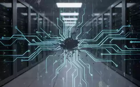 Ein stilisiertes, digitales Schaltbrett mit leuchtend blauen Linien, die Datenfluss und Störung darstellen, über einem Serverraum. - Foto: über boerse-global.de