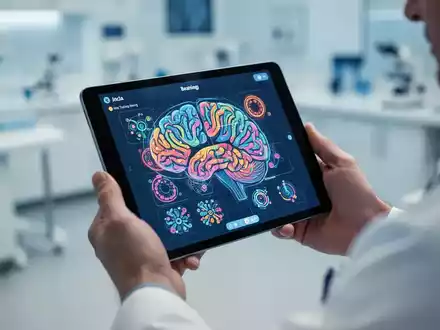 Hände halten ein Tablet, das eine Gehirntrainings-App mit abstrakten Mustern anzeigt, im Hintergrund ein unscharfes medizinisches Umfeld. - Foto: über boerse-global.de