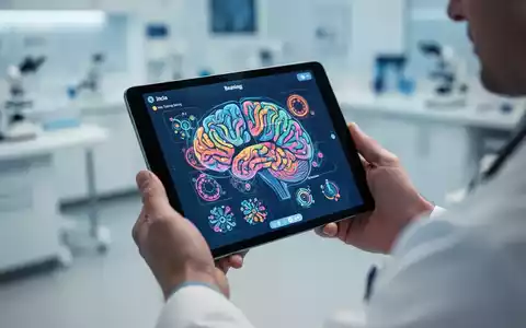 Hände halten ein Tablet, das eine Gehirntrainings-App mit abstrakten Mustern anzeigt, im Hintergrund ein unscharfes medizinisches Umfeld. - Foto: über boerse-global.de