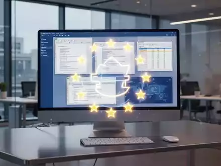 A glowing EU flag symbol over a computer screen showing generic document, spreadsheet, and presentation software interfaces in a modern office. - Foto: über boerse-global.de