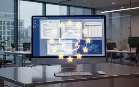 A glowing EU flag symbol over a computer screen showing generic document, spreadsheet, and presentation software interfaces in a modern office. - Foto: ĂŒber boerse-global.de