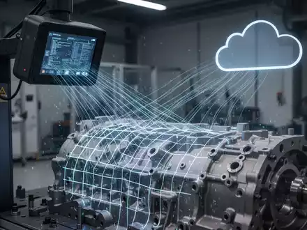A sophisticated 3D laser scanner device projects a digital grid onto a metallic industrial component, symbolizing advanced inspection. - Foto: über boerse-global.de
