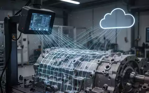 A sophisticated 3D laser scanner device projects a digital grid onto a metallic industrial component, symbolizing advanced inspection. - Foto: über boerse-global.de