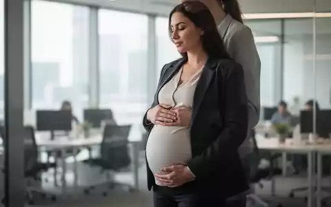 Eine schwangere Frau in professioneller Kleidung berührt ihren Bauch in einem modernen Büro, symbolisierend Mutterschutz und finanzielle Sicherheit. - Foto: über boerse-global.de