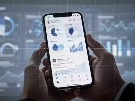 Eine Hand hält ein Smartphone, das einen sauberen Social-Media-Feed mit digitalen Steuerungselementen und Datenvisualisierungen zeigt. - Foto: über boerse-global.de
