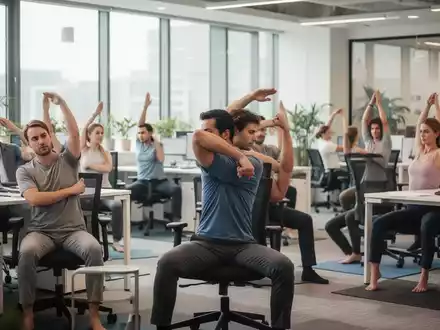 Büroangestellte führen Yoga-Übungen an ihren Schreibtischen und in Pausenräumen durch, um Steifheit vorzubeugen und die Haltung zu verbessern. - Foto: über boerse-global.de