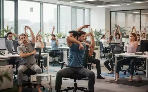 Büroangestellte führen Yoga-Übungen an ihren Schreibtischen und in Pausenräumen durch, um Steifheit vorzubeugen und die Haltung zu verbessern. - Foto: über boerse-global.de