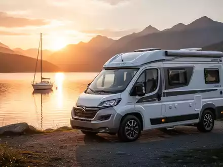 Ein moderner Campervan parkt an einem See bei Sonnenuntergang, im Hintergrund ein Segelboot auf dem Wasser. - Foto: über boerse-global.de