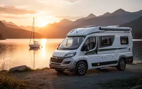 Ein moderner Campervan parkt an einem See bei Sonnenuntergang, im Hintergrund ein Segelboot auf dem Wasser. - Foto: über boerse-global.de