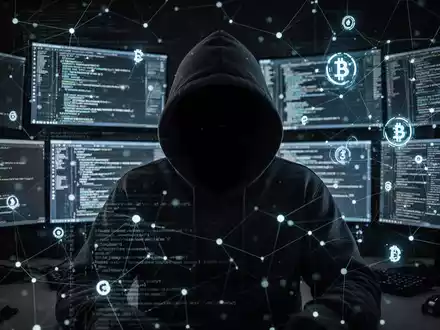 A shadowy figure in a hoodie in front of glowing computer screens, depicting the hidden threat of AI cryptojacking. - Foto: über boerse-global.de