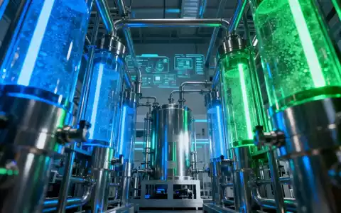 Eine moderne Wasserstoff-Elektrolyseanlage, die mit blauem und grünem Licht leuchtet und fortschrittliche Industrietechnologie zeigt. - Foto: über boerse-global.de
