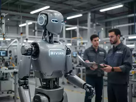A sleek, modern humanoid robot with a subtle Rivian design aesthetic stands in a high-tech factory alongside a blurred human worker. - Foto: über boerse-global.de