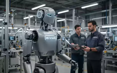 A sleek, modern humanoid robot with a subtle Rivian design aesthetic stands in a high-tech factory alongside a blurred human worker. - Foto: über boerse-global.de