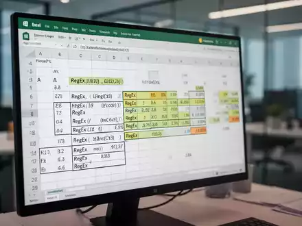 A close-up of an Excel spreadsheet on a computer screen, showing highlighted cells with RegEx functions for text automation. - Foto: über boerse-global.de