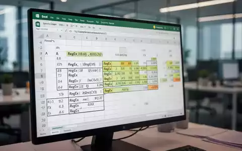 A close-up of an Excel spreadsheet on a computer screen, showing highlighted cells with RegEx functions for text automation. - Foto: über boerse-global.de