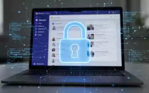 A glowing blue padlock icon superimposed over a blurred Microsoft Teams interface on a laptop screen, with subtle data streams. - Foto: über boerse-global.de