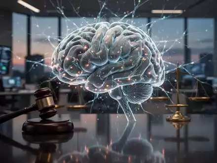 A glowing, intricate AI brain network with subtle legal gavels, reflecting on a dark surface, symbolizing legal challenges for AI safety. - Foto: über boerse-global.de