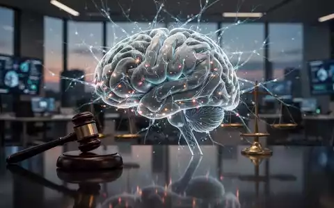 A glowing, intricate AI brain network with subtle legal gavels, reflecting on a dark surface, symbolizing legal challenges for AI safety. - Foto: über boerse-global.de