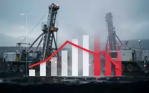 Ein stilisierter Balkendiagramm, der einen Rückgang der Gewinnmarge darstellt, vor dem Hintergrund von Geothermie-Bohrgeräten. - Foto: über boerse-global.de