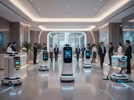 Futuristic hotel lobby in Shenzhen with various service robots performing tasks, showcasing advanced hospitality automation. - Foto: über boerse-global.de