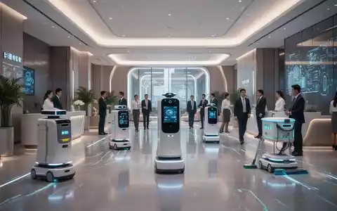 Futuristic hotel lobby in Shenzhen with various service robots performing tasks, showcasing advanced hospitality automation. - Foto: über boerse-global.de