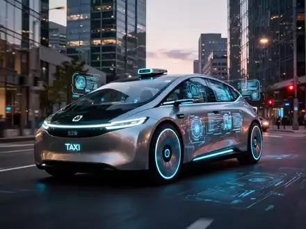 Ein futuristisches, selbstfahrendes Robotaxi fährt bei Dämmerung durch eine moderne Stadtstraße. - Foto: über boerse-global.de