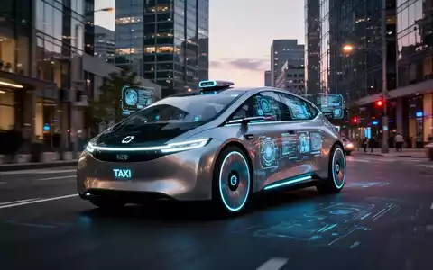 Ein futuristisches, selbstfahrendes Robotaxi fährt bei Dämmerung durch eine moderne Stadtstraße. - Foto: über boerse-global.de