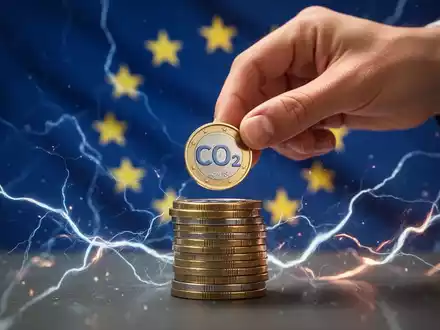 Eine Hand legt eine CO2-Münze auf einen Stapel, mit stilisierten Energielinien und EU-Flagge im Hintergrund. - Foto: über boerse-global.de