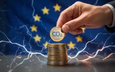 Eine Hand legt eine CO2-Münze auf einen Stapel, mit stilisierten Energielinien und EU-Flagge im Hintergrund. - Foto: über boerse-global.de