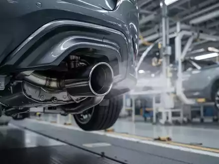Nahaufnahme eines Auspuffrohrs eines modernen Autos mit einem Hauch von Emissionen vor einem verschwommenen Hintergrund einer Fabrik. - Foto: über boerse-global.de