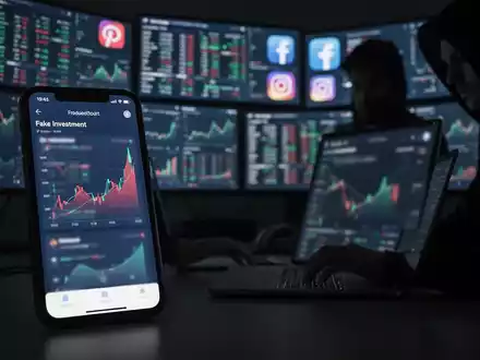 Ein Smartphone zeigt eine betrügerische Finanz-App. Im Hintergrund tippt eine Person an einem Laptop, umgeben von Bildschirmen mit Finanzdaten und Social-Media-Logos. - Foto: über boerse-global.de