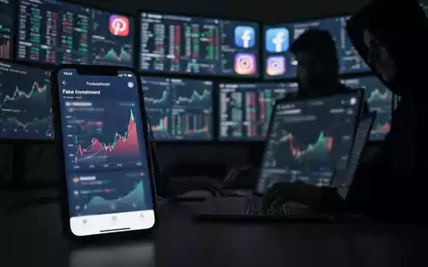 Ein Smartphone zeigt eine betrügerische Finanz-App. Im Hintergrund tippt eine Person an einem Laptop, umgeben von Bildschirmen mit Finanzdaten und Social-Media-Logos. - Foto: über boerse-global.de