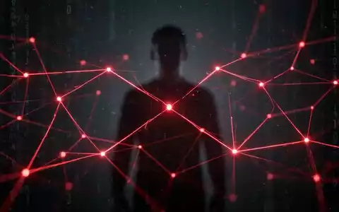 An abstract, dark image with glowing red lines forming a complex network, symbolizing digital threats and AI-powered financial scams. - Foto: über boerse-global.de