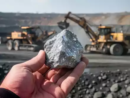 Nahaufnahme einer Hand, die ein Stück Lithiumerz hält, mit verschwommener Bergbauausrüstung im Hintergrund. - Foto: über boerse-global.de