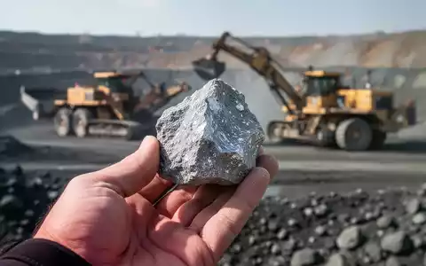 Nahaufnahme einer Hand, die ein Stück Lithiumerz hält, mit verschwommener Bergbauausrüstung im Hintergrund. - Foto: über boerse-global.de