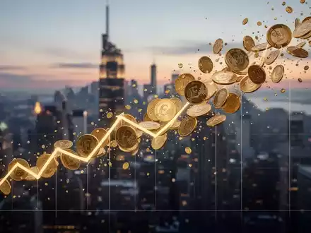 Ein stilisierter Finanzgraph mit aufsteigender Linie, die in goldene Euro-Münzen übergeht, vor einer urbanen Kulisse bei Dämmerung. - Foto: über boerse-global.de
