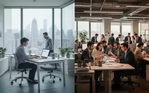 Zweigeteiltes Bild: Eine Seite zeigt ein modernes Homeoffice mit arbeitender Person, die andere ein geschäftiges traditionelles Büro. Kontrast der Arbeitsweisen. - Foto: über boerse-global.de