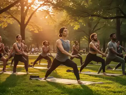 Eine vielfältige Gruppe von Menschen praktiziert Yoga im Freien in einem sonnigen Park, umgeben von Bäumen. - Foto: über boerse-global.de