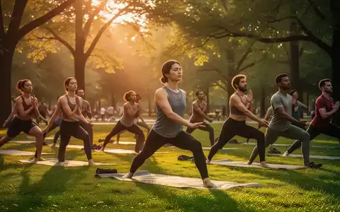 Eine vielfältige Gruppe von Menschen praktiziert Yoga im Freien in einem sonnigen Park, umgeben von Bäumen. - Foto: über boerse-global.de