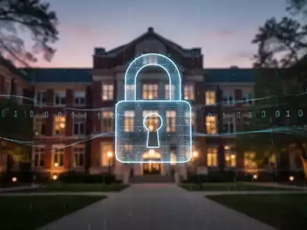 A digital padlock icon over a blurred university building at dusk, with binary code, representing a data breach and cybercrime. - Foto: über boerse-global.de