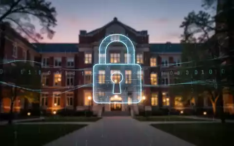 A digital padlock icon over a blurred university building at dusk, with binary code, representing a data breach and cybercrime. - Foto: über boerse-global.de