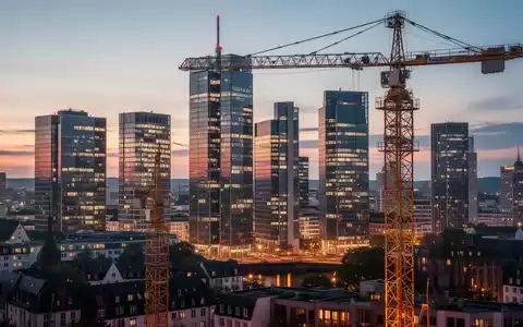 Frankfurter Skyline bei Sonnenuntergang mit modernen Bürogebäuden und einem Baukran, der den Fortschritt der Stadtentwicklung symbolisiert. - Foto: über boerse-global.de