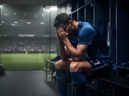 Ein erschöpfter Fußballspieler sitzt allein auf einer dunklen Bank in einer Umkleidekabine, den Kopf in den Händen, in gedämpftem Licht. - Foto: über boerse-global.de