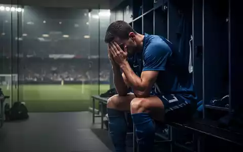 Ein erschöpfter Fußballspieler sitzt allein auf einer dunklen Bank in einer Umkleidekabine, den Kopf in den Händen, in gedämpftem Licht. - Foto: über boerse-global.de